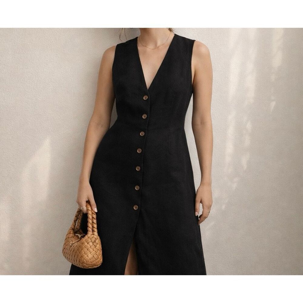 ASTR The Label Black Linen Blend Midi Dress Sleeveless Button